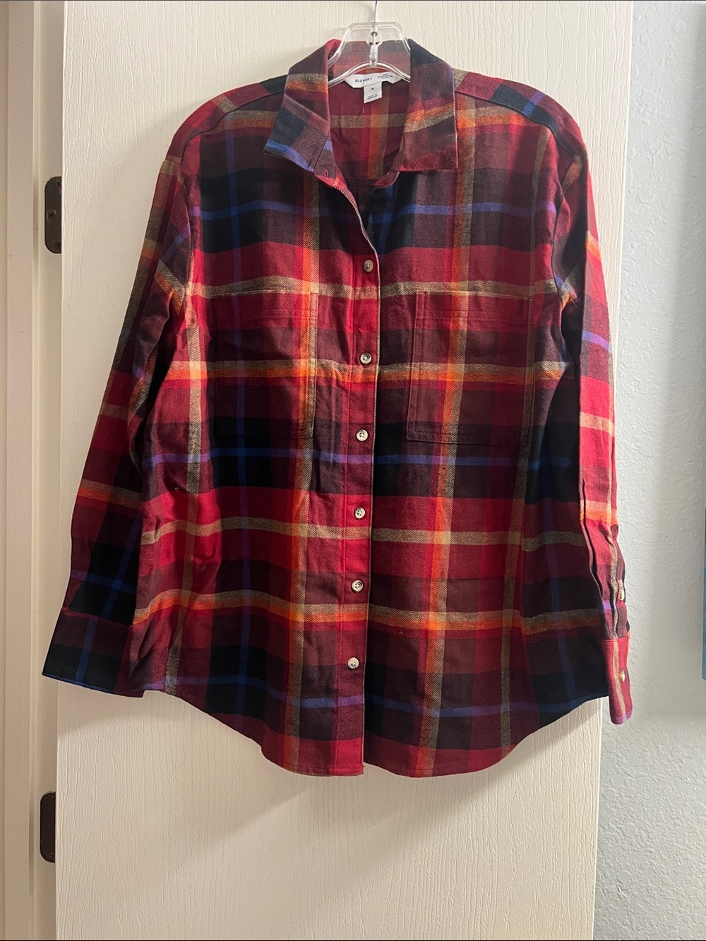 Old Navy Red and Navy Plaid Boyfriend Shirt